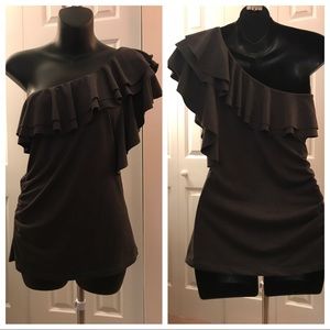 Gray Faux-Suede One-Shoulder Ruffle Top (M)